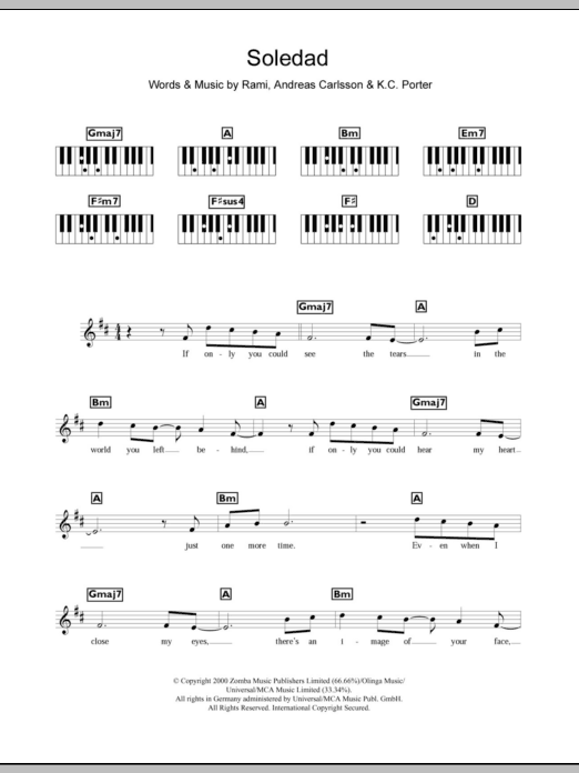 Westlife Soledad Sheet Music Notes & Chords for Keyboard - Download or Print PDF