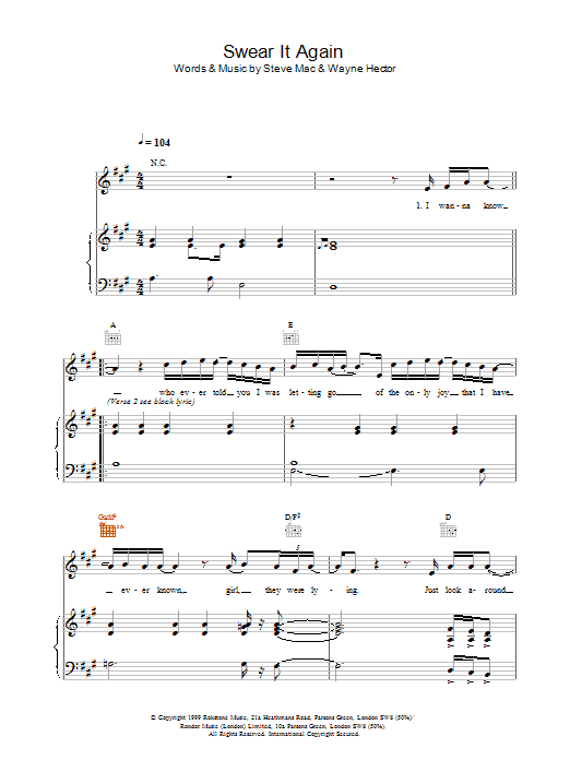 Westlife Swear It Again Sheet Music Notes & Chords for Piano, Vocal & Guitar - Download or Print PDF