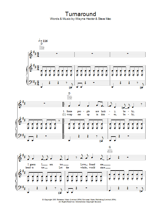 Westlife Turnaround Sheet Music Notes & Chords for Piano, Vocal & Guitar - Download or Print PDF