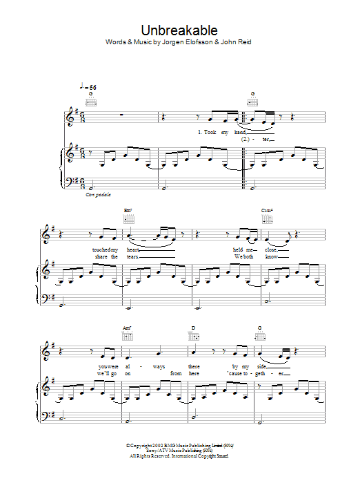 Westlife Unbreakable Sheet Music Notes & Chords for Piano, Vocal & Guitar - Download or Print PDF