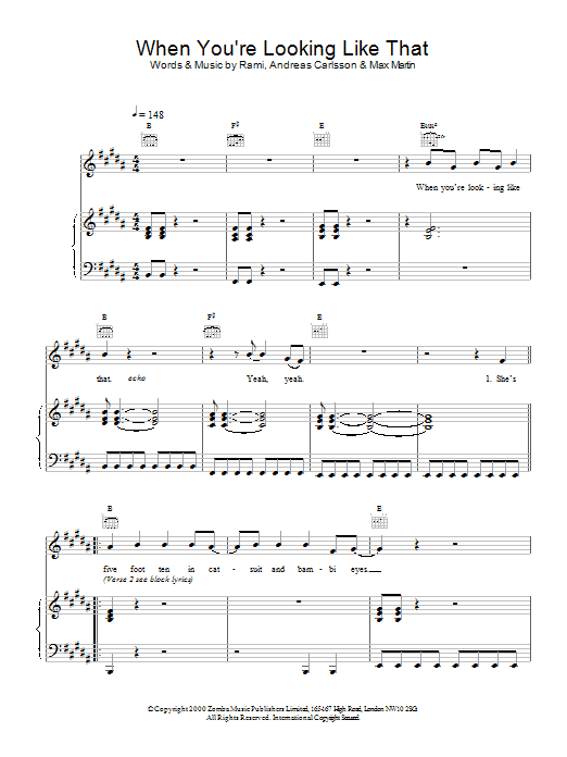 Westlife When You're Looking Like That Sheet Music Notes & Chords for Piano, Vocal & Guitar - Download or Print PDF