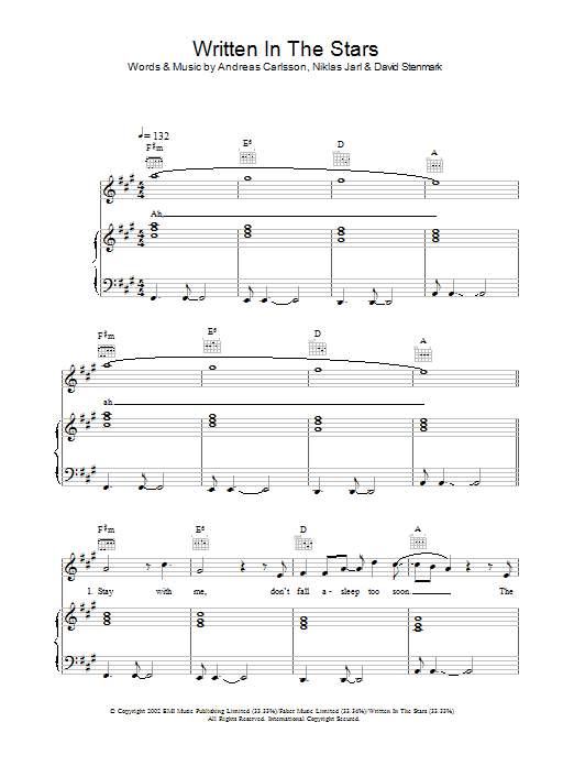 Westlife Written In The Stars Sheet Music Notes & Chords for Piano, Vocal & Guitar - Download or Print PDF