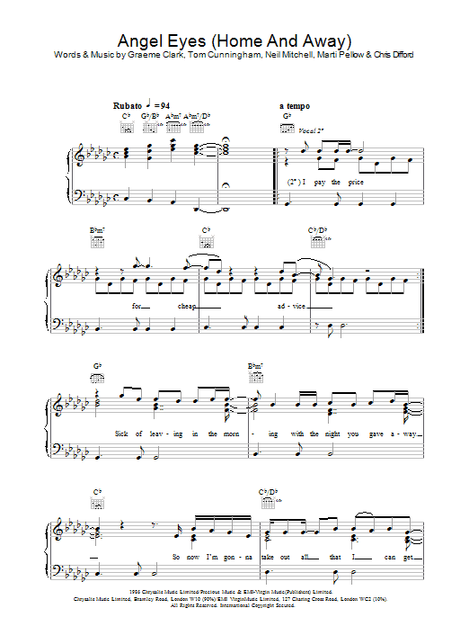 Wet Wet Wet Angel Eyes (Home And Away) Sheet Music Notes & Chords for Piano, Vocal & Guitar - Download or Print PDF