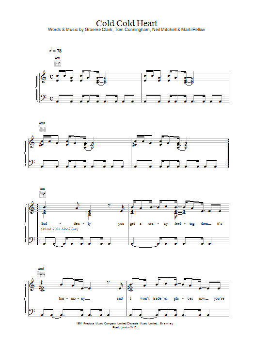 Wet Wet Wet Cold Cold Heart Sheet Music Notes & Chords for Piano, Vocal & Guitar (Right-Hand Melody) - Download or Print PDF