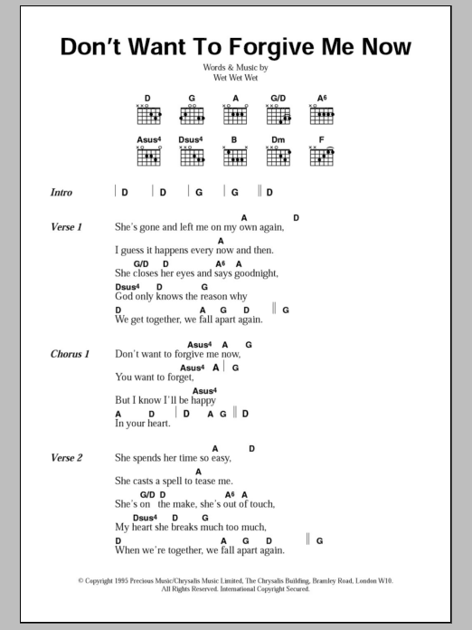 Wet Wet Wet Don't Want To Forgive Me Now Sheet Music Notes & Chords for Lyrics & Chords - Download or Print PDF