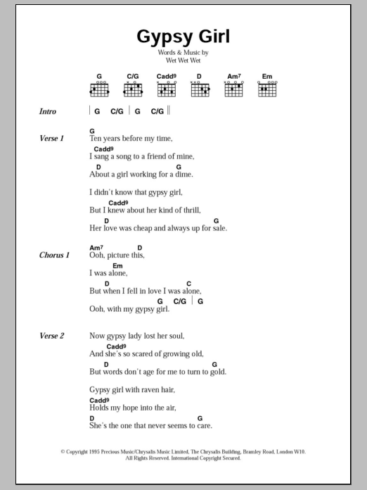 Wet Wet Wet Gypsy Girl Sheet Music Notes & Chords for Lyrics & Chords - Download or Print PDF