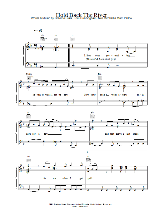 Wet Wet Wet Hold Back The River Sheet Music Notes & Chords for Piano, Vocal & Guitar (Right-Hand Melody) - Download or Print PDF