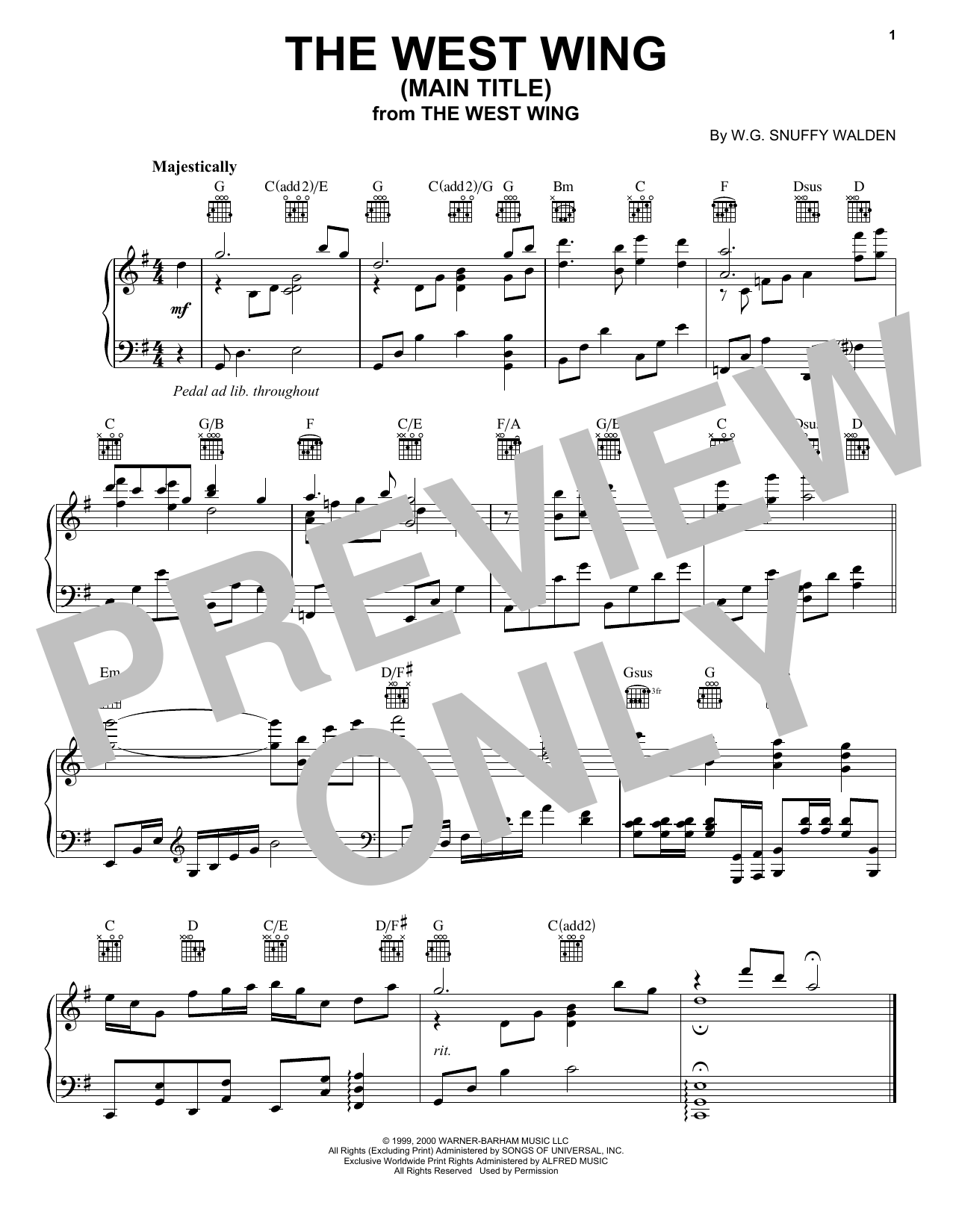 W.G. Snuffy Walden The West Wing (Main Title) Sheet Music Notes & Chords for Very Easy Piano - Download or Print PDF