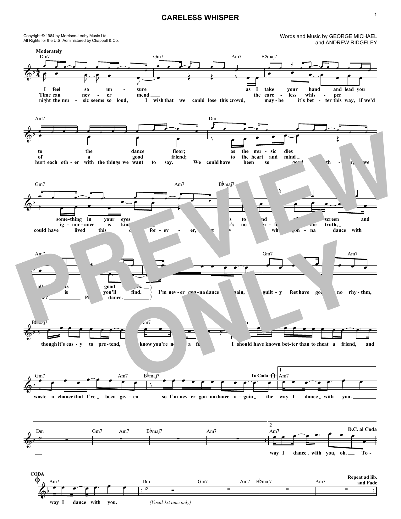 George Michael Careless Whisper Sheet Music Notes & Chords for Melody Line, Lyrics & Chords - Download or Print PDF