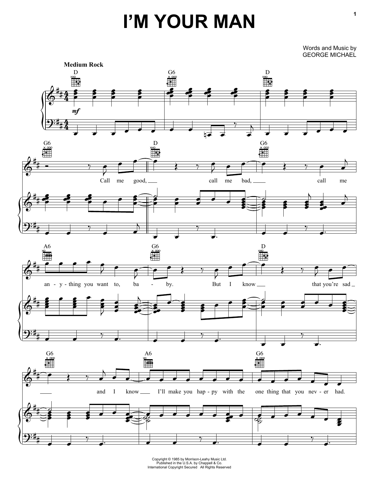 Wham! I'm Your Man Sheet Music Notes & Chords for Piano, Vocal & Guitar (Right-Hand Melody) - Download or Print PDF