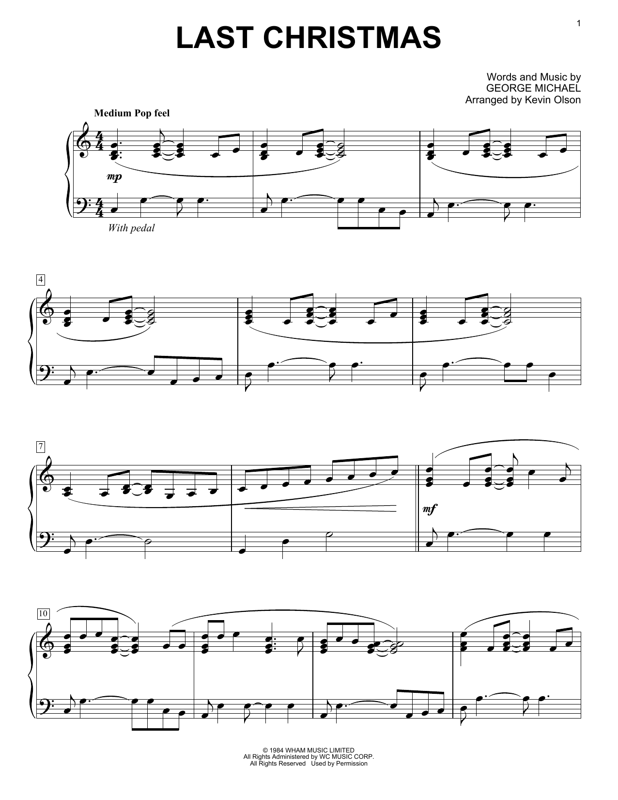 Wham! Last Christmas (arr. Kevin Olson) Sheet Music Notes & Chords for Easy Piano Solo - Download or Print PDF