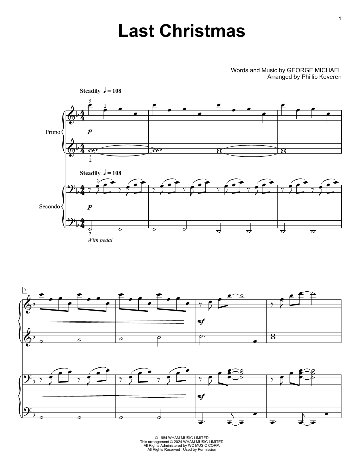 Wham! Last Christmas (arr. Phillip Keveren) Sheet Music Notes & Chords for Piano Duet - Download or Print PDF