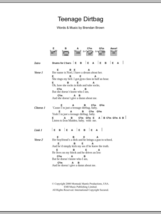 Wheatus Teenage Dirtbag Sheet Music Notes & Chords for Lyrics & Chords - Download or Print PDF