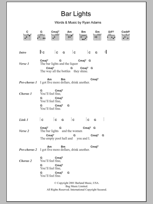 Whiskeytown Bar Lights Sheet Music Notes & Chords for Lyrics & Chords - Download or Print PDF