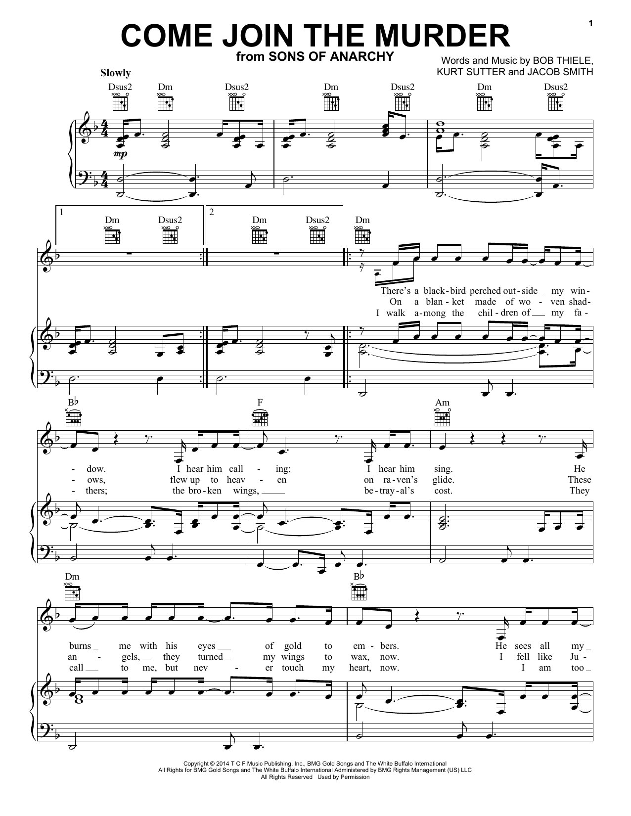 White Buffalo and The Forest Rangers Come Join The Murder Sheet Music Notes & Chords for Piano, Vocal & Guitar (Right-Hand Melody) - Download or Print PDF