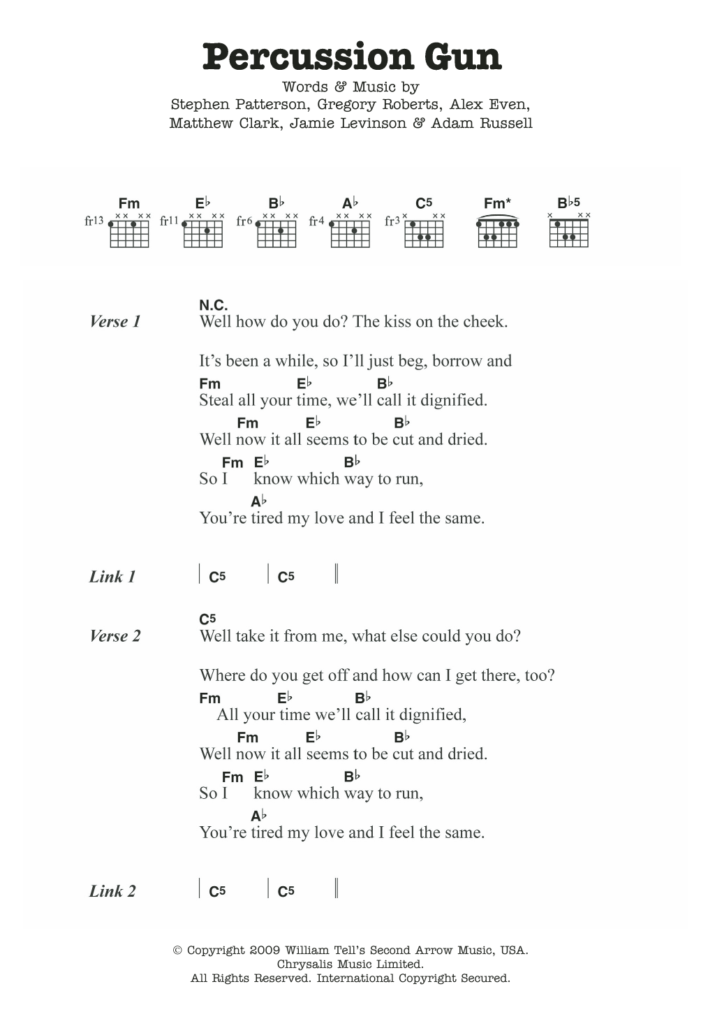 White Rabbits Percussion Gun Sheet Music Notes & Chords for Lyrics & Chords - Download or Print PDF