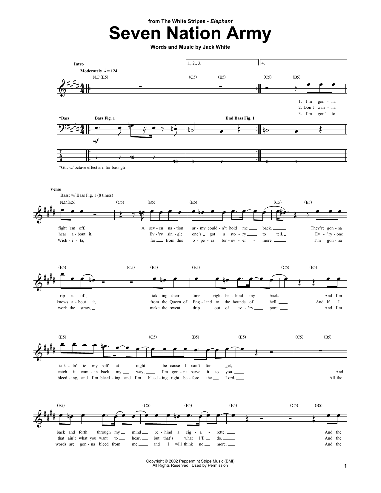 White Stripes Seven Nation Army Sheet Music Notes & Chords for Guitar Lead Sheet - Download or Print PDF