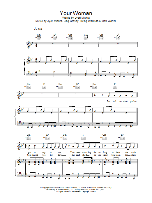 White Town Your Woman Sheet Music Notes & Chords for Piano, Vocal & Guitar - Download or Print PDF