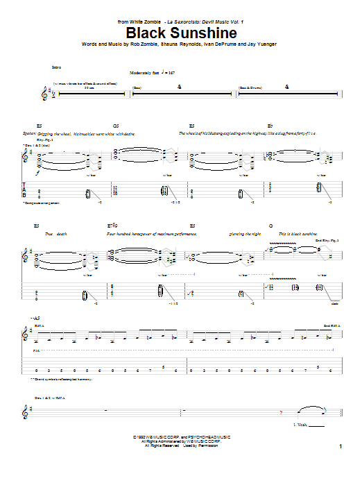 White Zombie Black Sunshine Sheet Music Notes & Chords for Guitar Tab - Download or Print PDF