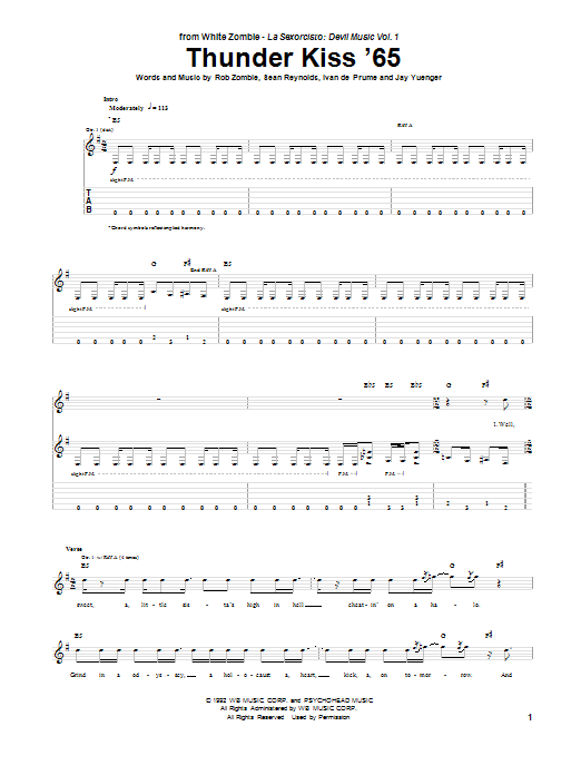 White Zombie Thunder Kiss '65 Sheet Music Notes & Chords for Guitar Tab - Download or Print PDF