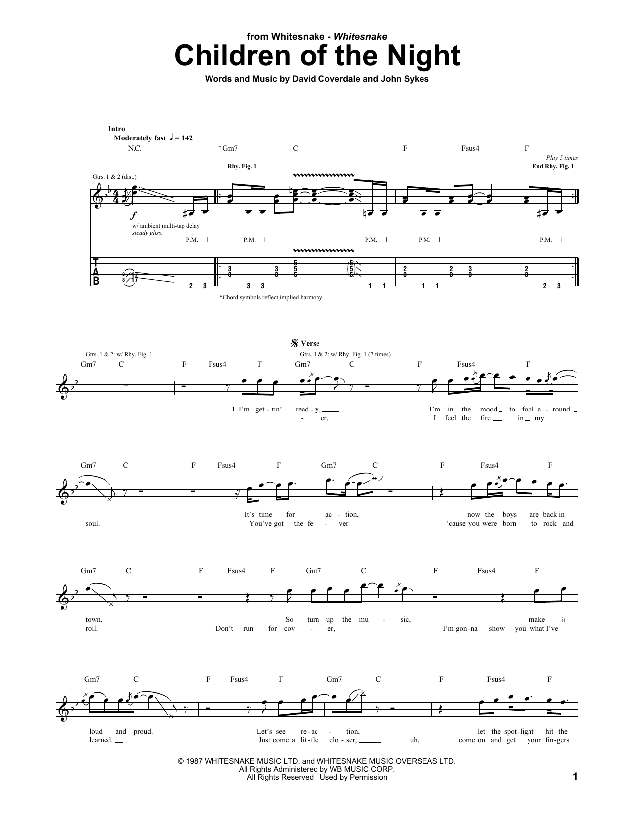 Whitesnake Children Of The Night Sheet Music Notes & Chords for Guitar Tab - Download or Print PDF