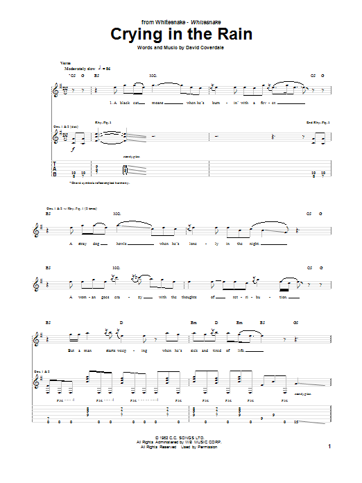 Whitesnake Crying In The Rain Sheet Music Notes & Chords for Guitar Tab - Download or Print PDF