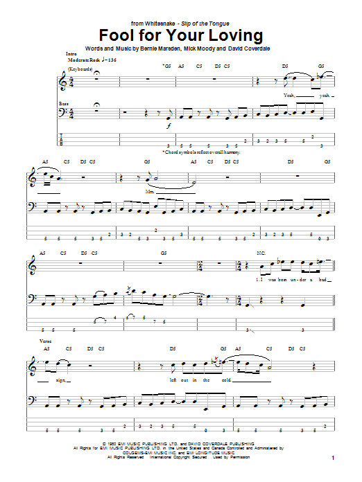 Whitesnake Fool For Your Loving Sheet Music Notes & Chords for Guitar Chords/Lyrics - Download or Print PDF
