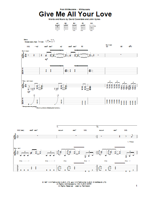 Whitesnake Give Me All Your Love Sheet Music Notes & Chords for Guitar Tab - Download or Print PDF