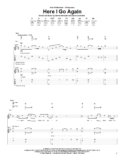 Whitesnake Here I Go Again Sheet Music Notes & Chords for Easy Guitar Tab - Download or Print PDF