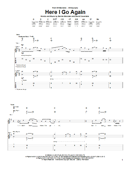 Whitesnake Here I Go Again Sheet Music Notes & Chords for Guitar Tab Play-Along - Download or Print PDF