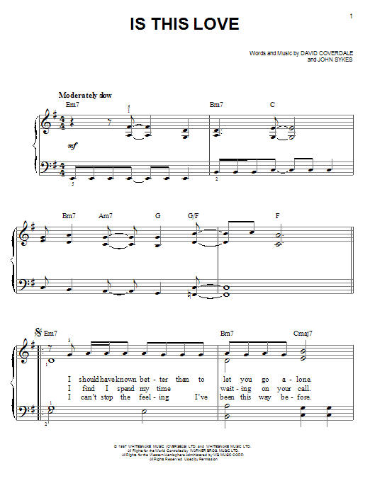 Whitesnake Is This Love Sheet Music Notes & Chords for Easy Piano - Download or Print PDF