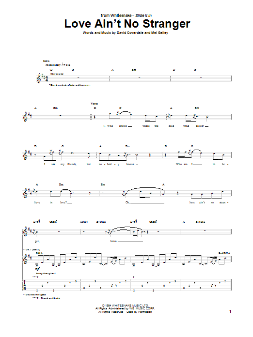 Whitesnake Love Ain't No Stranger Sheet Music Notes & Chords for Guitar Tab - Download or Print PDF