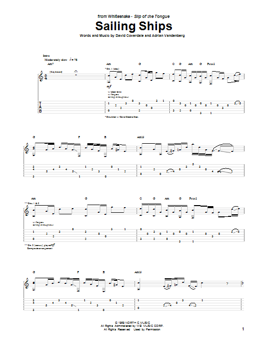 Whitesnake Sailing Ships Sheet Music Notes & Chords for Guitar Tab - Download or Print PDF