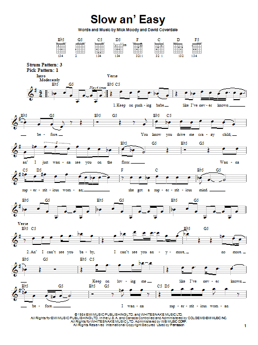 Whitesnake Slow An' Easy Sheet Music Notes & Chords for Easy Guitar - Download or Print PDF