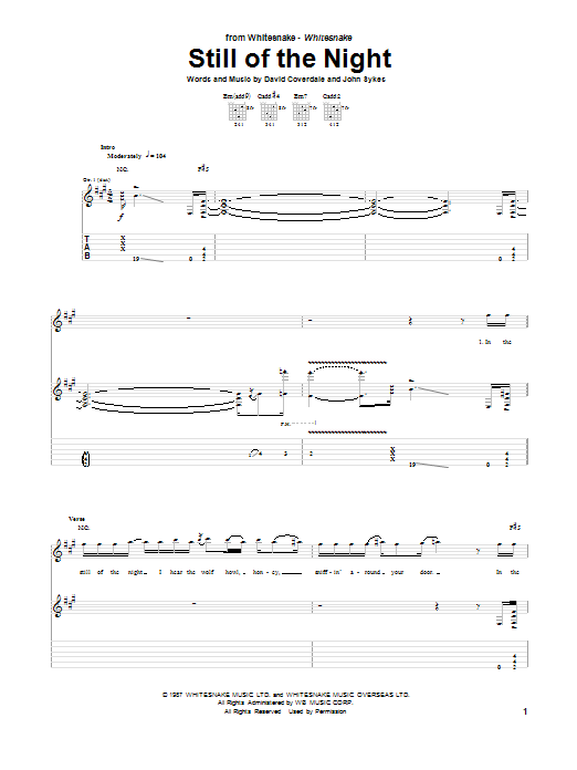 Whitesnake Still Of The Night Sheet Music Notes & Chords for Guitar Tab - Download or Print PDF