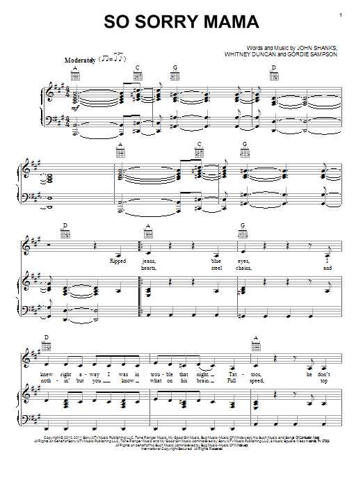 Whitney Duncan So Sorry Mama Sheet Music Notes & Chords for Piano, Vocal & Guitar (Right-Hand Melody) - Download or Print PDF