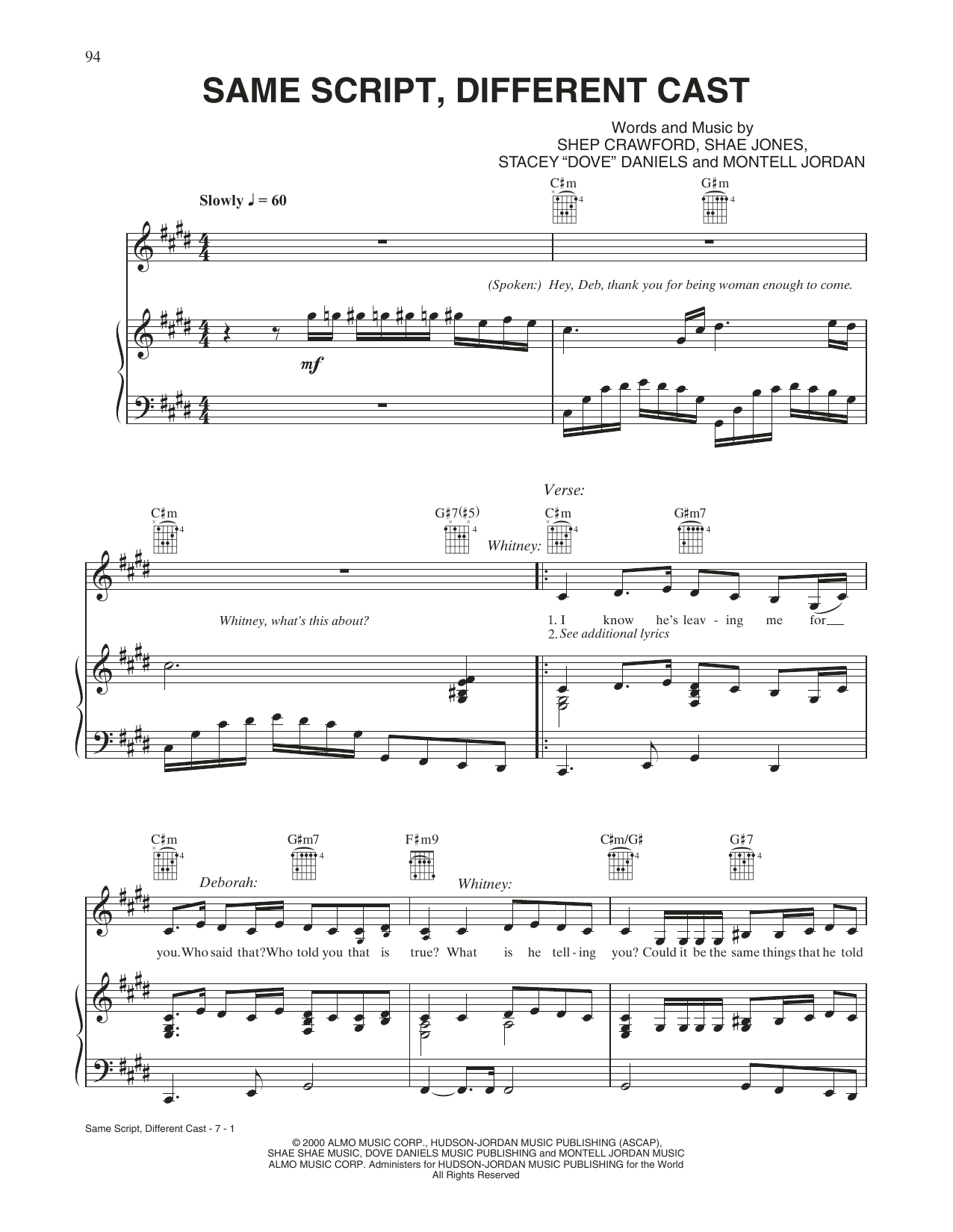 Whitney Houston and Deborah Cox Same Script, Different Cast Sheet Music Notes & Chords for Piano, Vocal & Guitar Chords (Right-Hand Melody) - Download or Print PDF