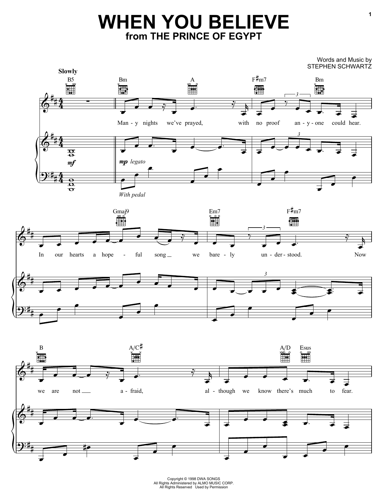 Whitney Houston and Mariah Carey When You Believe (From The Prince Of Egypt) Sheet Music Notes & Chords for Piano, Vocal & Guitar (Right-Hand Melody) - Download or Print PDF