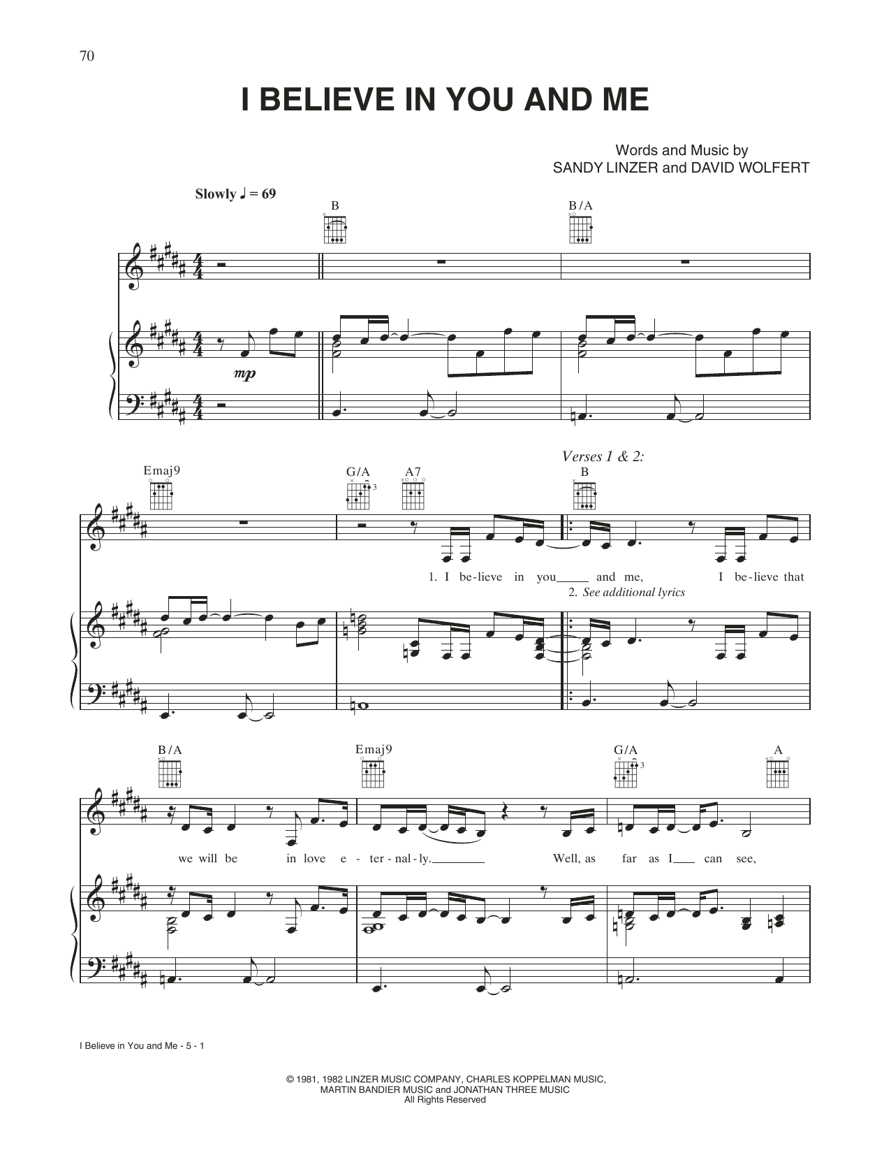 Whitney Houston I Believe In You And Me (from The Preacher's Wife) Sheet Music Notes & Chords for Piano, Vocal & Guitar Chords (Right-Hand Melody) - Download or Print PDF