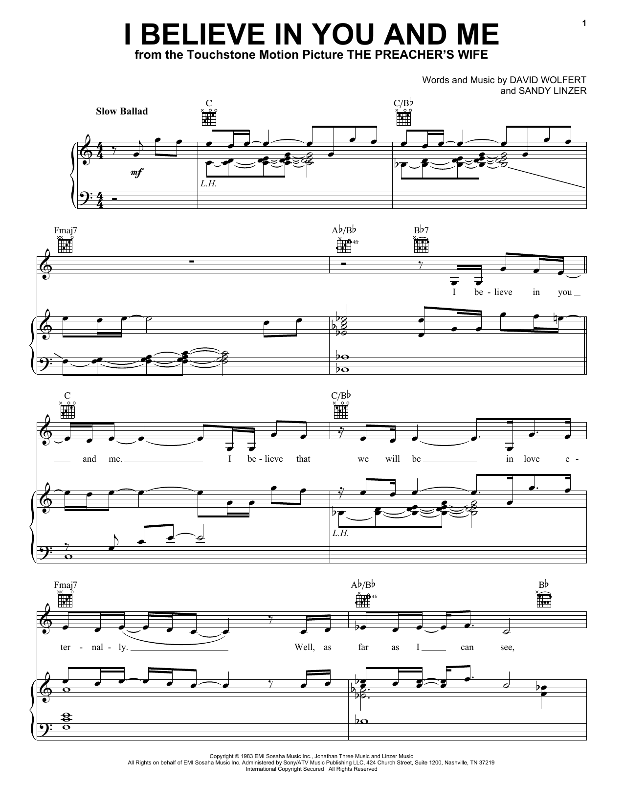 Whitney Houston I Believe In You And Me Sheet Music Notes & Chords for Piano, Vocal & Guitar (Right-Hand Melody) - Download or Print PDF