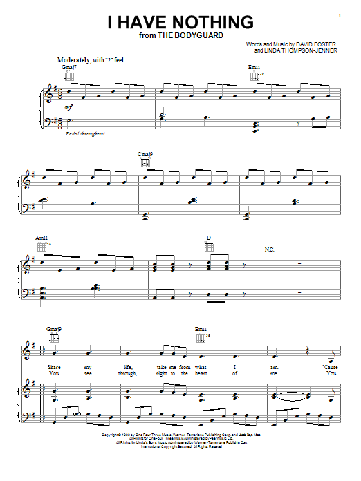 Whitney Houston I Have Nothing Sheet Music Notes & Chords for Piano, Vocal & Guitar (Right-Hand Melody) - Download or Print PDF