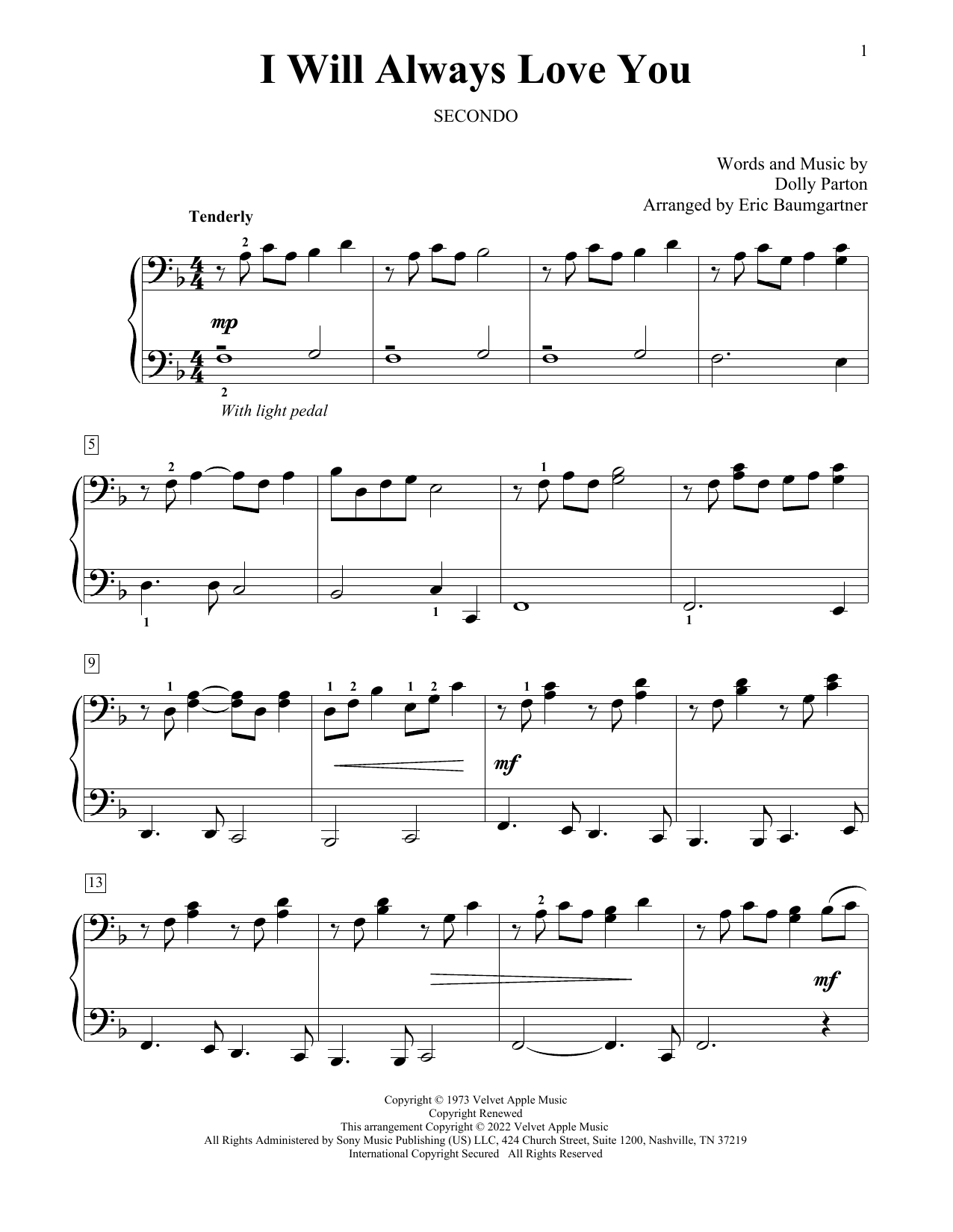 Whitney Houston I Will Always Love You (arr. Eric Baumgartner) Sheet Music Notes & Chords for Piano Duet - Download or Print PDF