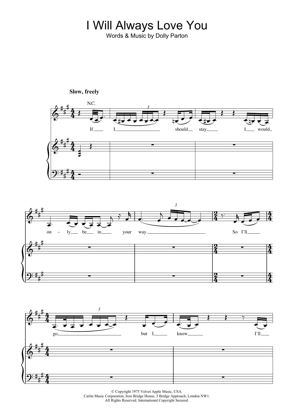 Whitney Houston I Will Always Love You Sheet Music Notes & Chords for Melody Line, Lyrics & Chords - Download or Print PDF