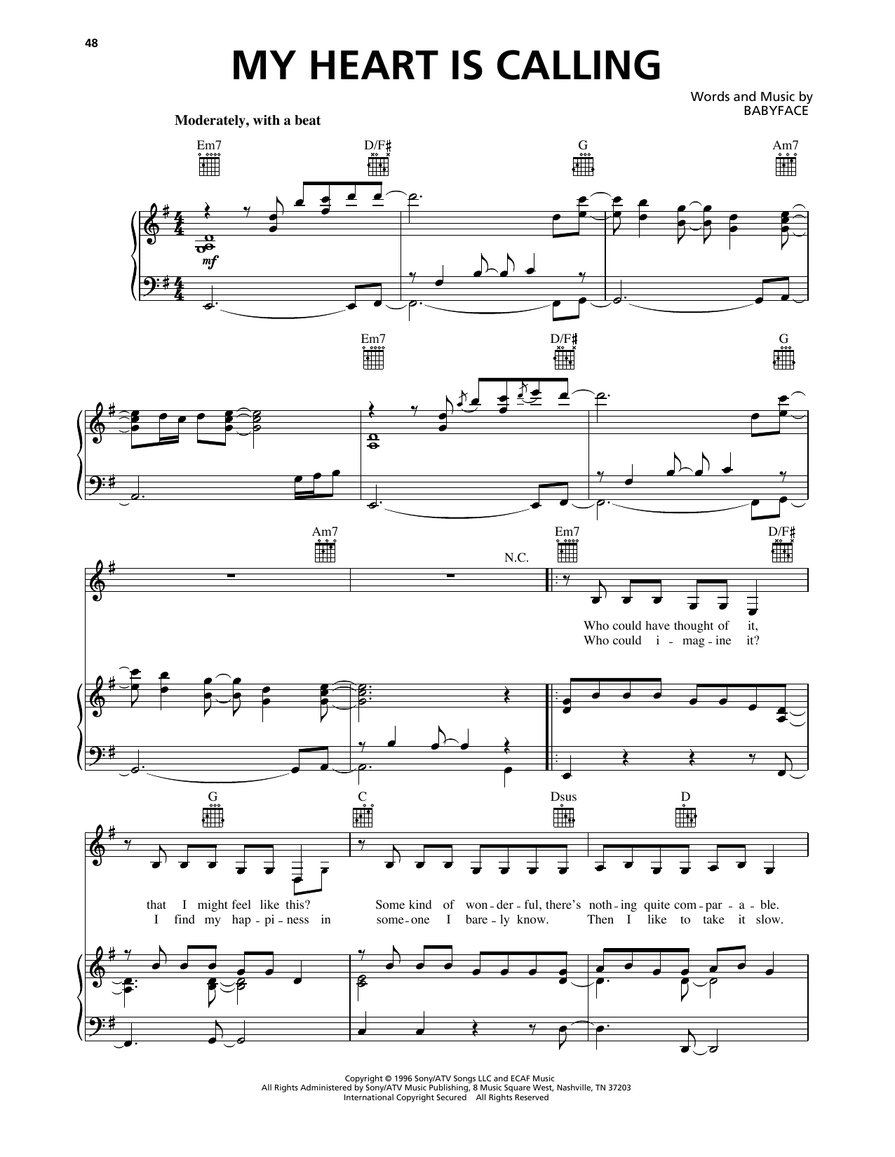 Whitney Houston My Heart Is Calling Sheet Music Notes & Chords for Piano, Vocal & Guitar Chords (Right-Hand Melody) - Download or Print PDF