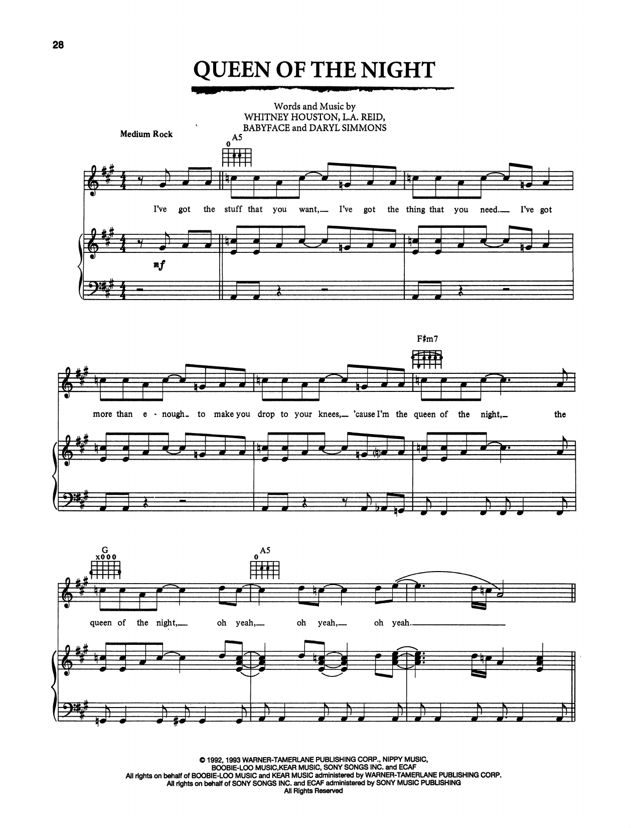 Whitney Houston Queen Of The Night (from The Bodyguard) Sheet Music Notes & Chords for Piano, Vocal & Guitar Chords (Right-Hand Melody) - Download or Print PDF