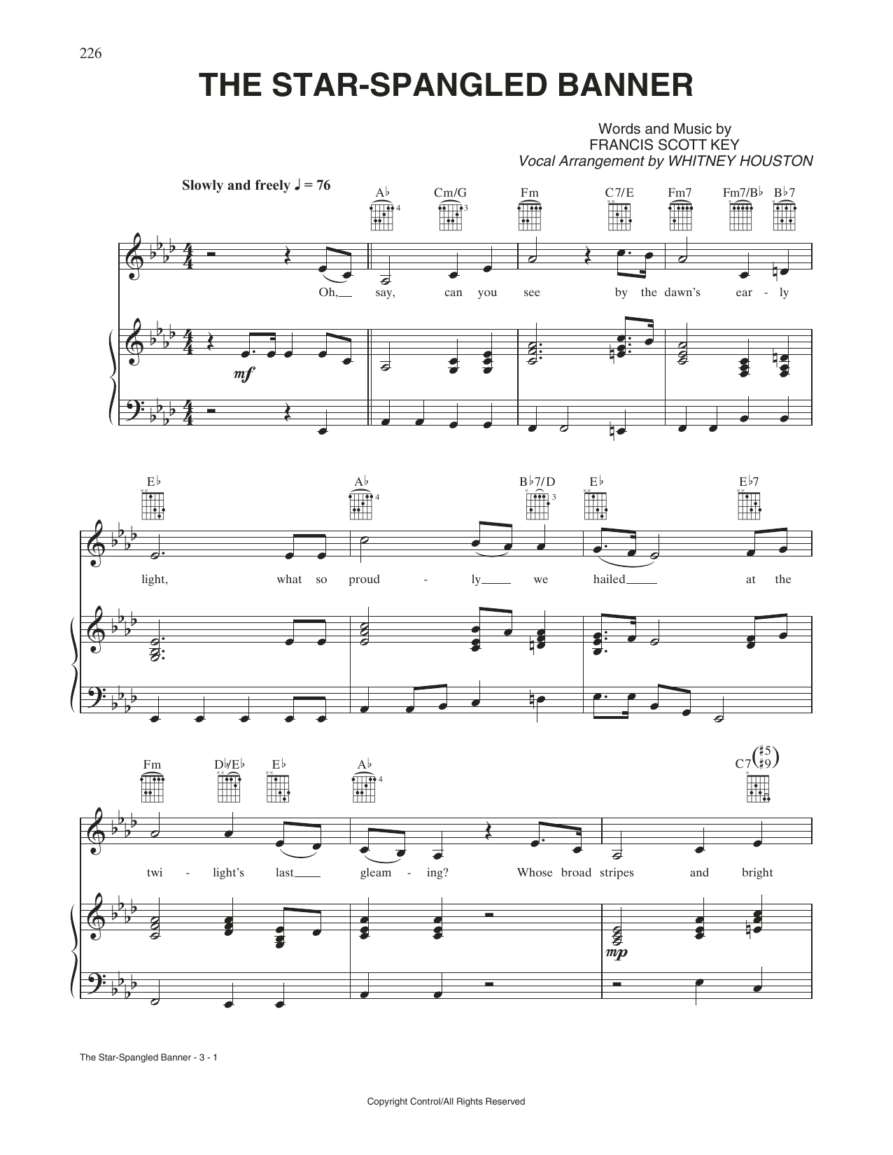 Whitney Houston The Star-Spangled Banner Sheet Music Notes & Chords for Piano, Vocal & Guitar Chords (Right-Hand Melody) - Download or Print PDF