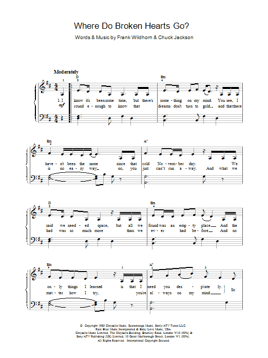 Whitney Houston Where Do Broken Hearts Go Sheet Music Notes & Chords for Piano, Vocal & Guitar (Right-Hand Melody) - Download or Print PDF