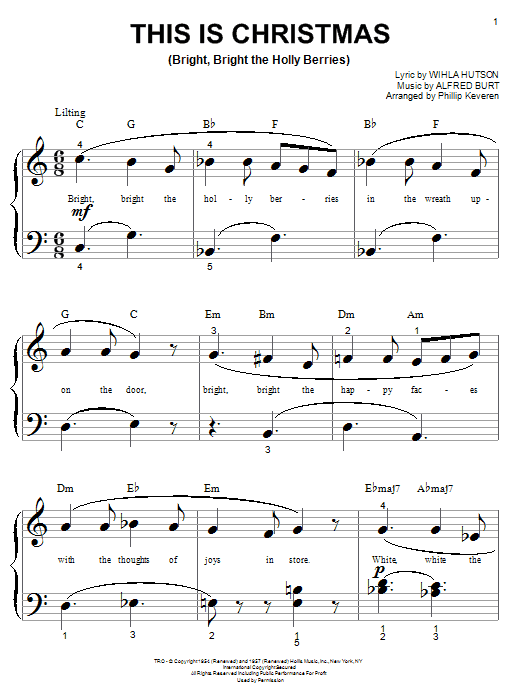 Wihla Hutson This Is Christmas (Bright, Bright The Holly Berries) Sheet Music Notes & Chords for Piano (Big Notes) - Download or Print PDF