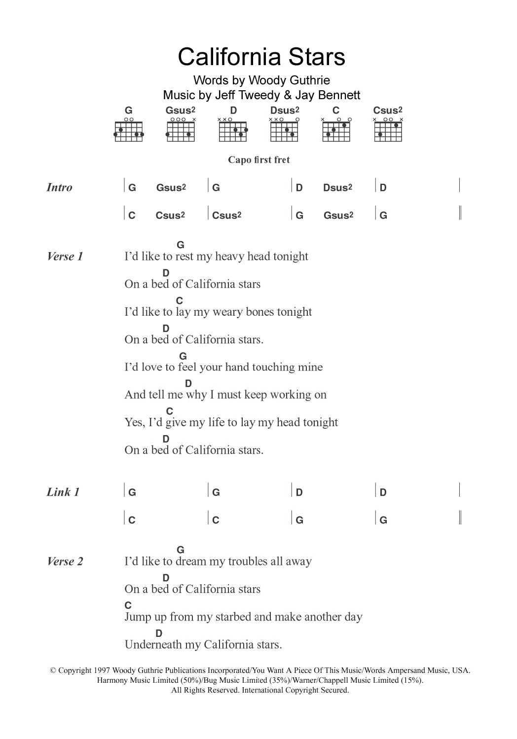 Wilco & Billy Bragg California Stars Sheet Music Notes & Chords for Lyrics & Chords - Download or Print PDF