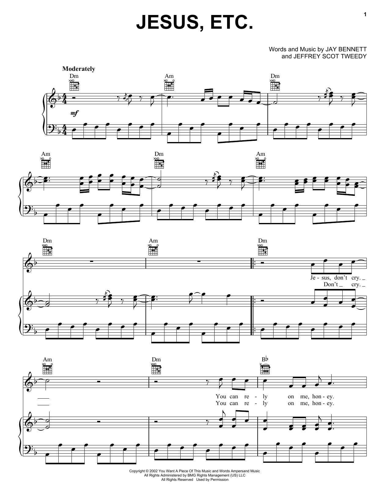 Wilco Jesus, Etc... Sheet Music Notes & Chords for Piano, Vocal & Guitar (Right-Hand Melody) - Download or Print PDF